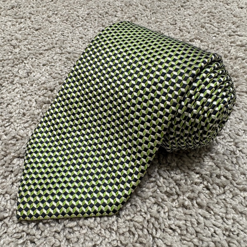 Ermenegildo Zegna Tie 3.5 x 57.5" Green Navy Cube Geometric Jacquard Silk Italy